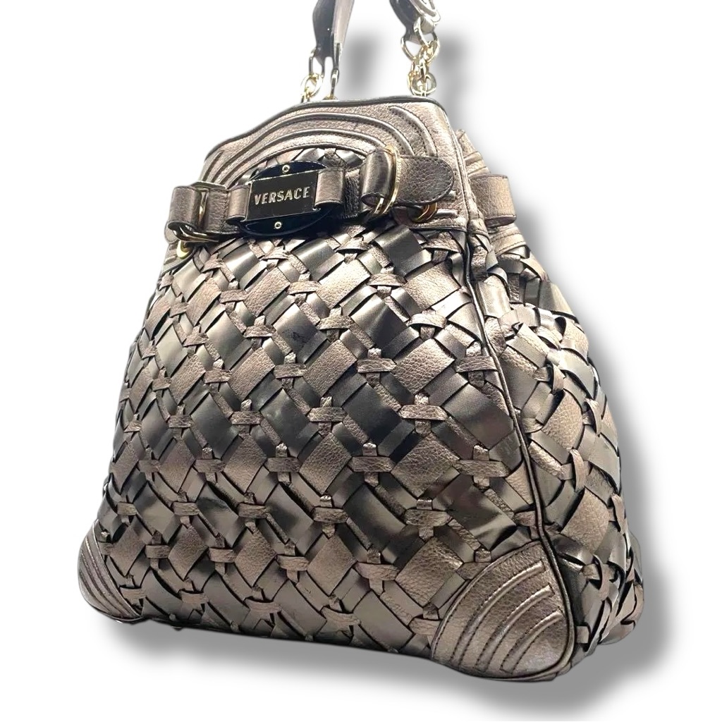 Versace T5 Tote Gray Silver Bronze Braid Leather Shoulder Bag Lg Ltd Ed Vintage